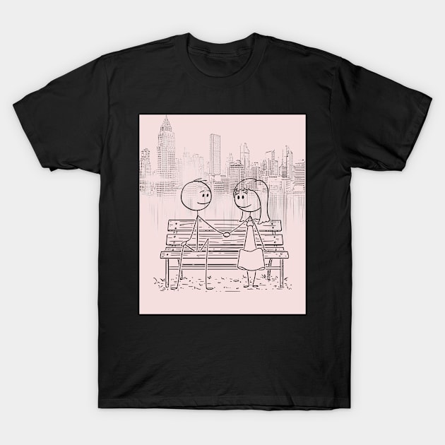 Funny romantic stick couple holding hands, minimal line art drawing, couple in love art print T-Shirt by Modern Art